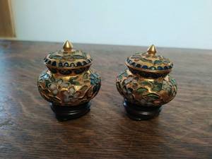 Two Asian Style Metal Lidded Dishes with Stands