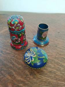 Cloisonne Enamel Vase and Two Lidded Containers
