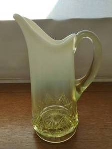 Vaseline Uranium Pitcher with Opalescent Rim