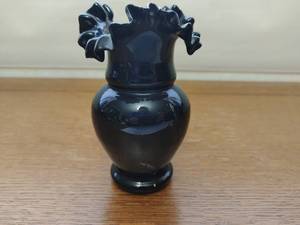 Vintage Black Amethyst Vase with Crimp Folded Rim