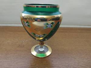 Green and Gold Glass Pedestal Bowl with Raised Floral Motifs and Gold Guild Paint