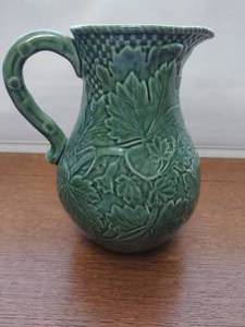 Portuguese Bordallo Pinheiro Green Pitcher with Majolica Basketweave