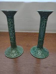 Portuguese Bordallo Pinheiro Green Candleholders with Majolica Basketweave
