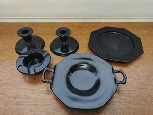 Five Pieces Vintage of Black Glass Dishes & Dcor