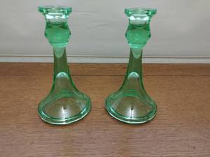 Pair of Vintage Uranium Glass Candlestick Holders