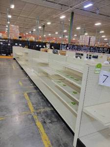 Retail Gondola Display and Shelving (4ft wide per section). Auction is for the gondola and shelves in photo.