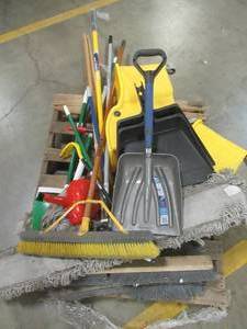 Mixed Pallet of Brooms, Mops And More Used in Warehouse.