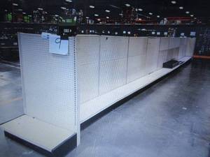 Retail Gondola Display and Shelving (4ft wide per section). Auction is for the gondola and shelves in photo.