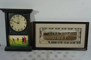 lot 158 image: Golf Theme Clock and Framed Sign