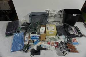 lot 43 image: Assorted Bathroom Items - Shelves, Waste Basket, Shower Heads