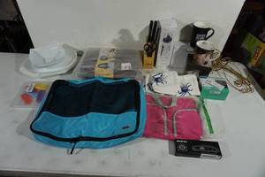 lot 169 image: Assorted Kitchen Items - Mugs, Towels, Casserole Carrier, Pan