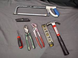 Hacksaw, Hammer, Channel Lock, Level, Linemans Pliers