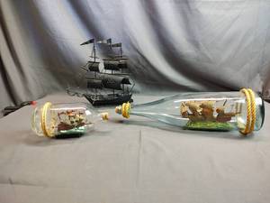Metal Boat and 2 Boats in a Bottle
