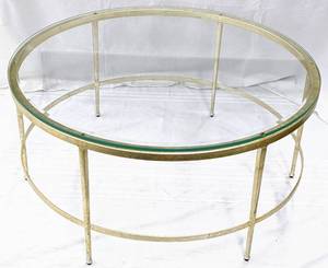 lot 4 image: Woodbridge Kasmin Round Cocktail Table - Glass & Gold Metal