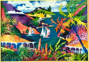 lot 69 image: Large Colorful Framed Ken Hawk Tropical Print