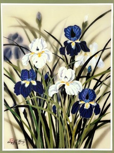 lot 73 image: Signed Hsing Hua Chang Periwinkle and White Iris Print in 24 x 29 Frame