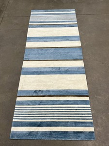 lot 107 image: Gorgeous Hand Knotted Wool Modern Stripe Area Rug- Cerulean, Sepia & Ecru- 12 Ft x 4 Ft 5
