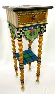 lot 2 image: RETIRED MacKenzie-ChildsTeeny Table w Hand-Beaded Glass Fringe, Glass Door Knob Feet, Painterly Table Top