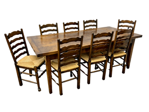 lot 5 image: Solid Oak Wood Farmhouse Dining Table & 8 Woven Rush Seat Ladderback Chairs- 7 Ft & Extends to 10 Ft Long
