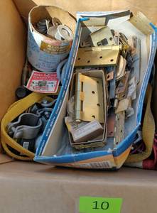 Box of misc hardware including a couple brass hinges