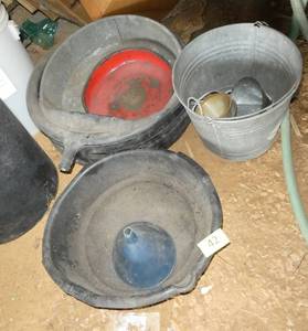 Oil pans, milk pail and funnels
