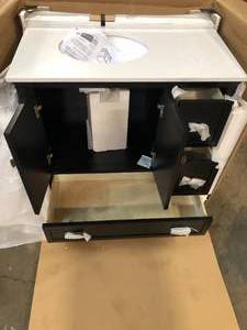 lot 24 image: Dorel Living Irving 36 in. W Bath Vanity in Black with Soft White Engineered Stone Vanity Top with Pre-Installed Porcelain Basin - good condition - review all pictures