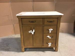 lot 43 image: Bellington 36 in. W Bath Vanity in Almond Toffee with Engineered Stone Vanity Top in White with White Basin by Home Decorators Collection Customer Returns See Pictures