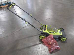 Ryobi, P1190VNM 16 in. ONE HP 18V Lithium-Ion Cordless Battery Walk Behind Push Lawn Mower - (2) 4.0 Ah Batteries and Charger Included. Runs. Missing Bagger.