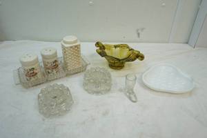lot 8 image: salt and pepper shakers, glass serving dishes