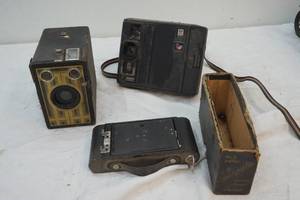 lot 25 image: vintage polaroid camera, Autographic Brownie Camera, and Kodak camera