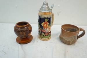 lot 47 image: stoneware mug and wood carved decorative bowl