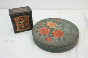 lot 140 image: vintage floral tin and mustard tin