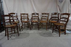 lot 312 image: 7 antique wood carved cain seat curved back chairs