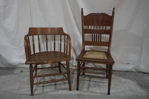 lot 313 image: vintage pressback chair and vintage barrel chair