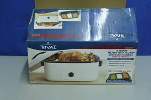 lot 21 image: Rival 16 Quart Roaster Oven with Buffet Server and lids appears new in open box