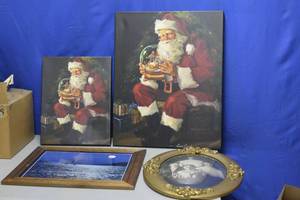lot 39 image: Santa Believes Canvases, Golden Gate Bridge by night and Wooden Antique Globe Frame