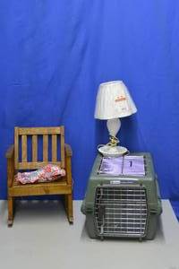 lot 58 image: small animal carrier and wooden doll rocking chair