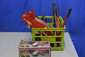 lot 71 image: New 4 angle Grinder and tote of other tools