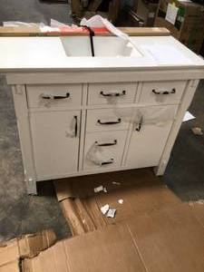 lot 14 image: Home Decorators Collection Bellington 42 in. W Bath Vanity in White with Engineered Stone Vanity Top in White with White Basin - has minor damage - review all pictures