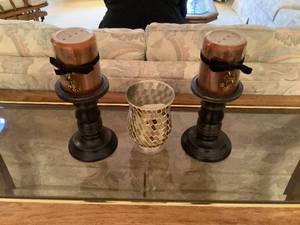 lot 218 image: Mosaic Candle Holder and 2 Candlestick Holders