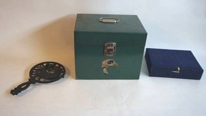 lot 49 image: Cast iron rooster trivet  portable Green file box blue fabric trinket box