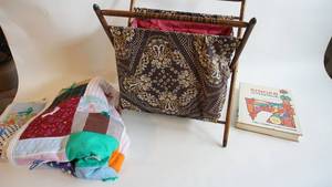 lot 53 image: Vintage tie knot quilt 41 x 51 vintage sewing basket and sewing book