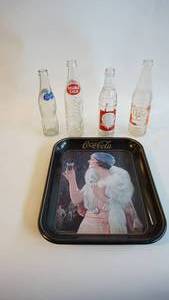 lot 55 image: Collectible soda pop bottles hits the spot crown club Saint cloud Minnesota miners bottling hires root beer double cola  BIRELEYS embossed grip bottle coca-Cola serving tray