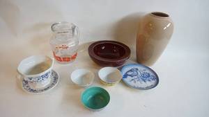 lot 58 image: Three vintage Asian hand painted Porcelain bowls   13 inch ceramic vase Burgundy pottery bowl IROQUOIS gravy boat