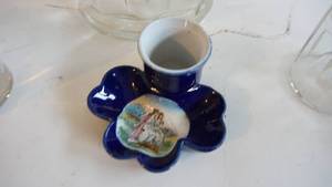 lot 64 image: 19th century ruffle top hand enamel hand blowing water pitcher fractured glass inside handle with three drink glasses