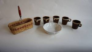 lot 15 image: Unique Potato Masher Basket -McCoy pottery 8 scallop Creamy-Blue Bowl #7528 -Five pottery coffee cups
