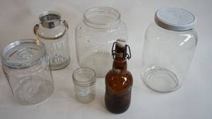 lot 17 image: Antique Glass Humidor Lidded Tobacco Jar Patent date 1915 -DURAGLAS Tobacco jar  -Grolsch Brown CapHinged bottle -Decor Jar LLL