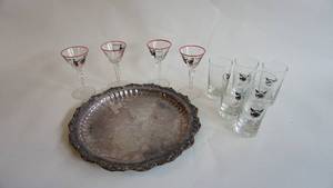 lot 18 image: Six vintage heavy glass tumblers Lodge #949 Glendive Montana -Four Libbey Anchor Hocking MCM Cordial Cocktail Glass with BartendersServers-13 Leonard Silver plate ornate serving tray