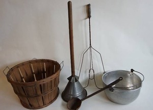 lot 11 image: Antique Rug beater  -Rapid washer -Cast dipping ladle -Aluminum handled bucket -Smaller bushel baskett
