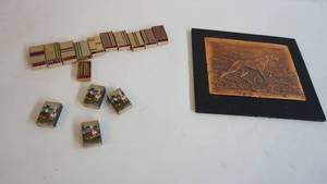 lot 30 image: Copper embossed hunting dog 6 x 8 Print on wood  -14 miniature wood matchbooks Including four with Dutch Lads